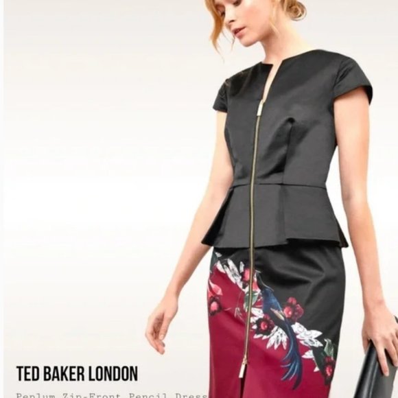 Ted Baker Black Red Jaunel Satin Bejewelled Shadow Peplum Dress size 1 nwot - Picture 6 of 9